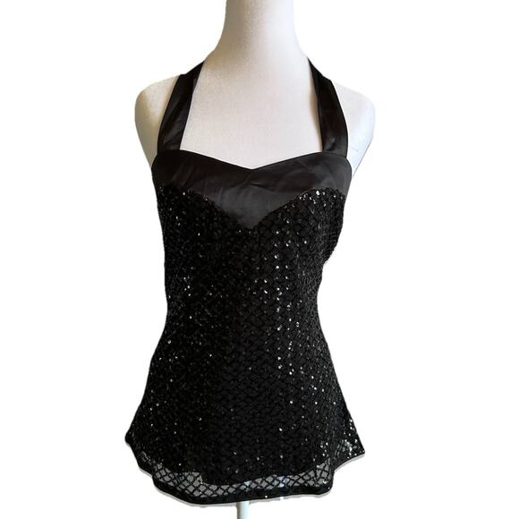 NWT~BELLE POGUE Women's Halter Top L Black Sequins Party Witchy Goth Tank Bling - Picture 5 of 12